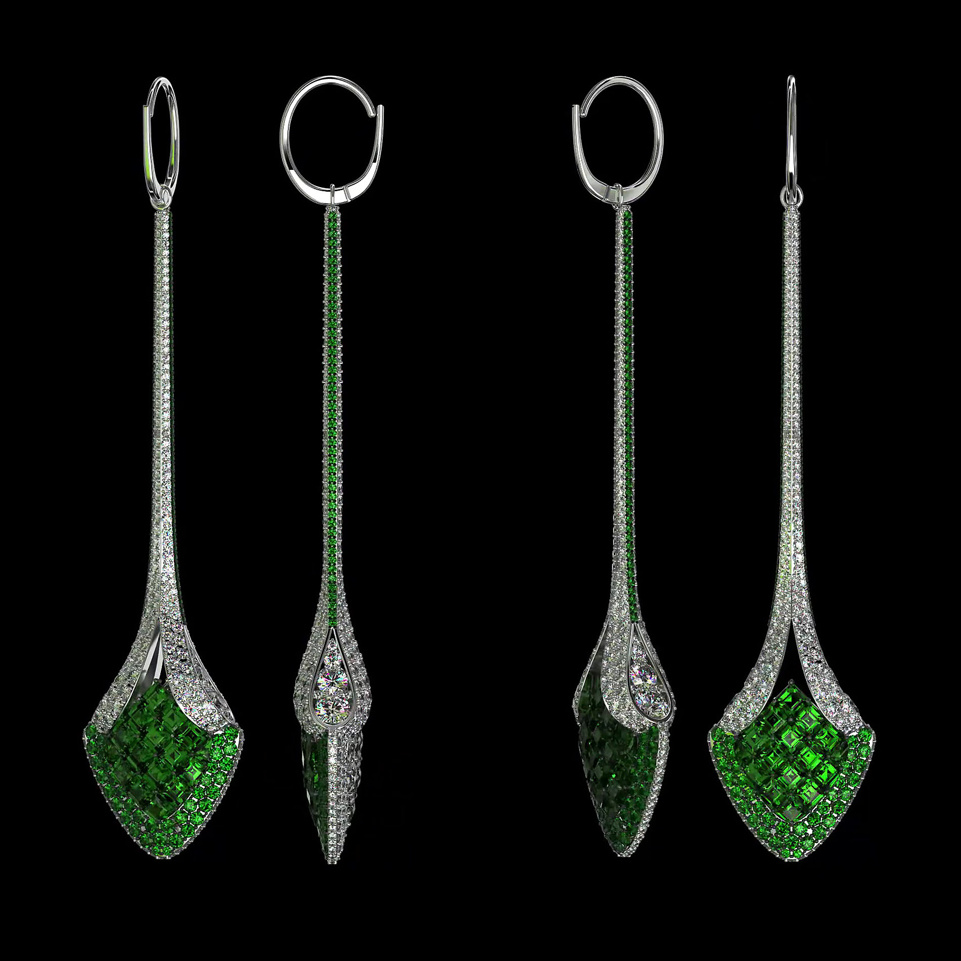 Princess&Round Cut Emerald Sapphire Drop Earrings