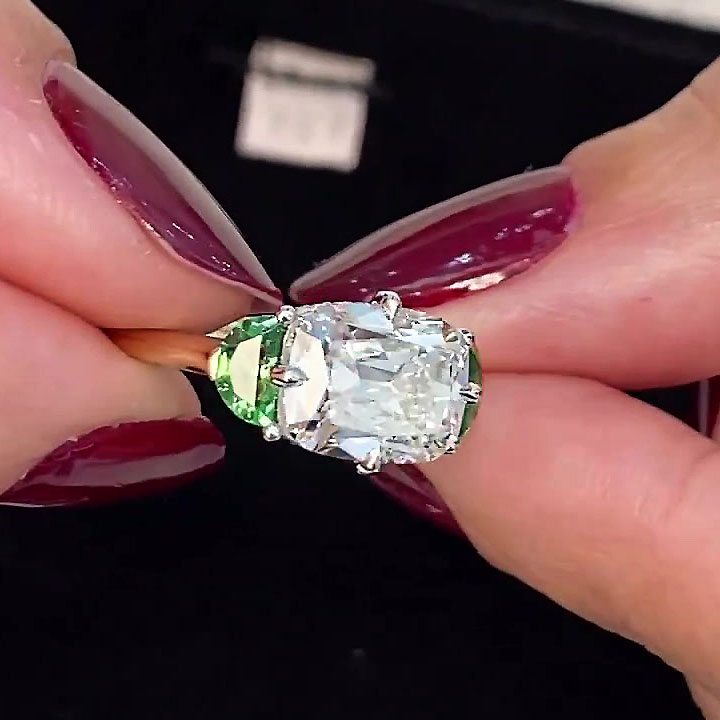 5ct Three-Stone Cushion Cut Green Sapphire Engagement Ring