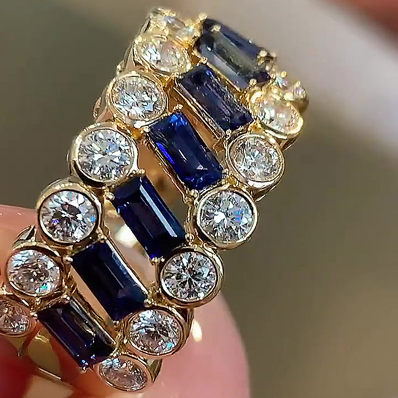 7.65ct Emerald&Round Cut Blue Sapphire Half Eternity Ring