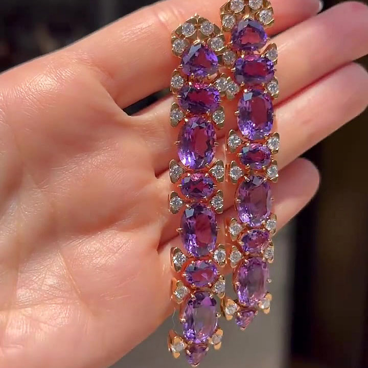 Art Deco Irregular Cut Amethyst Sapphire Drop Earrings