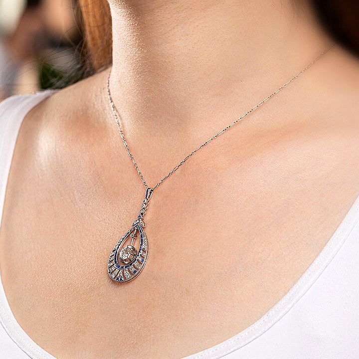 Art Deco Round Cut Blue Sapphire Necklace