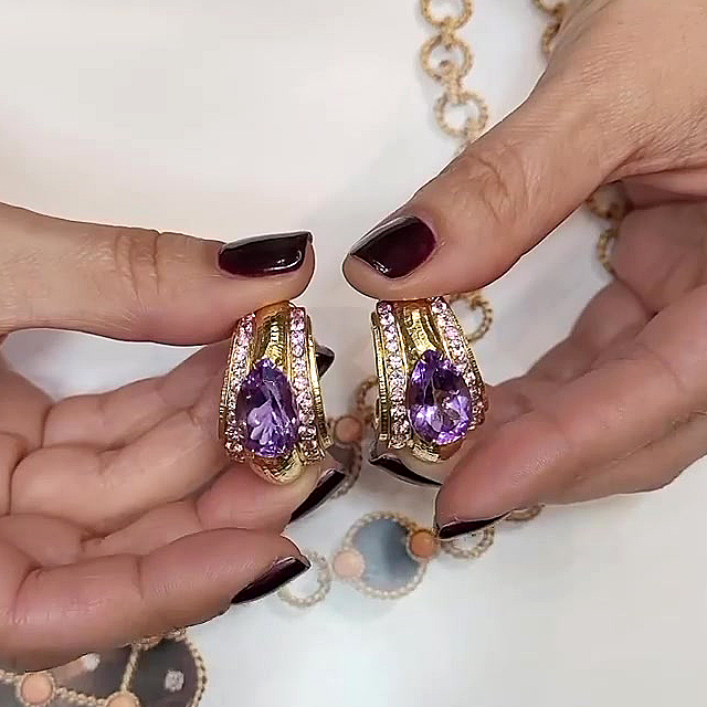 Vintage Design Pear Cut Amethyst Sapphire Hoop Earrings