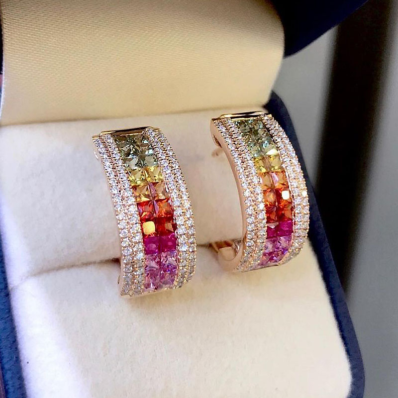 Princess Cut Rainbow Sapphire Hoop Earrings