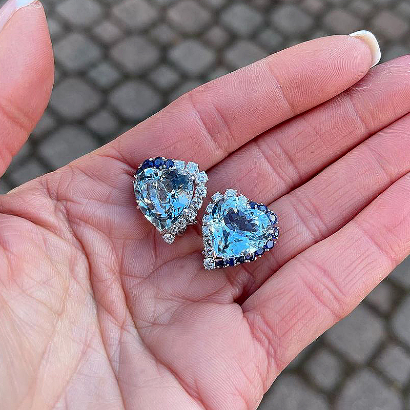 Heart Cut Aquamarine Sapphire Stud Earrings