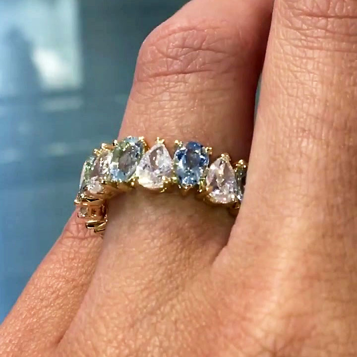 6.25ct Pear Cut White&Aquamarine Sapphire Eternity Ring