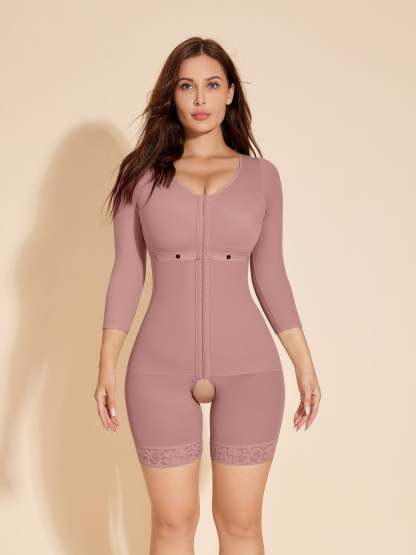 Long Sleeve Full Covered Women Shapewear Breastfeeding Bodysuit - RosyBrown