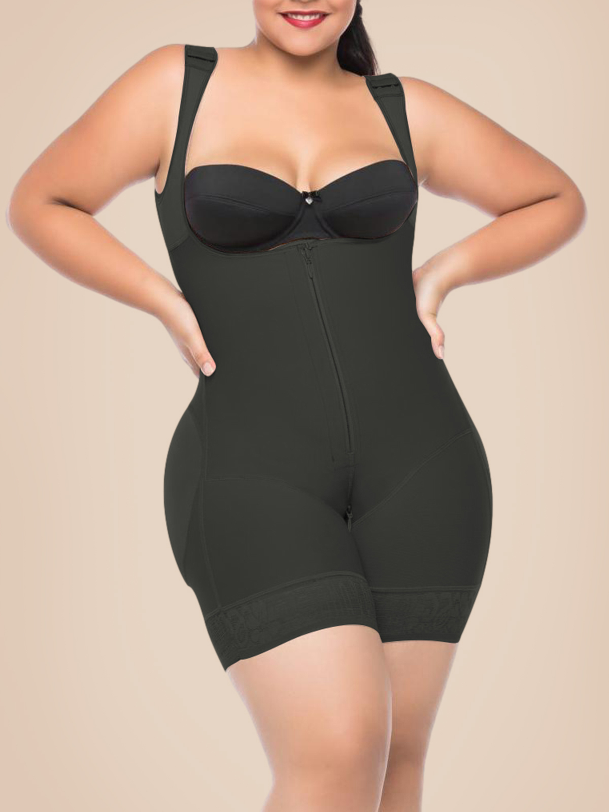 Compression Bodysuit Zipper Closure With Wide Adjustable Shoulder Straps Postpartum Tumt Control Shapewear For Women