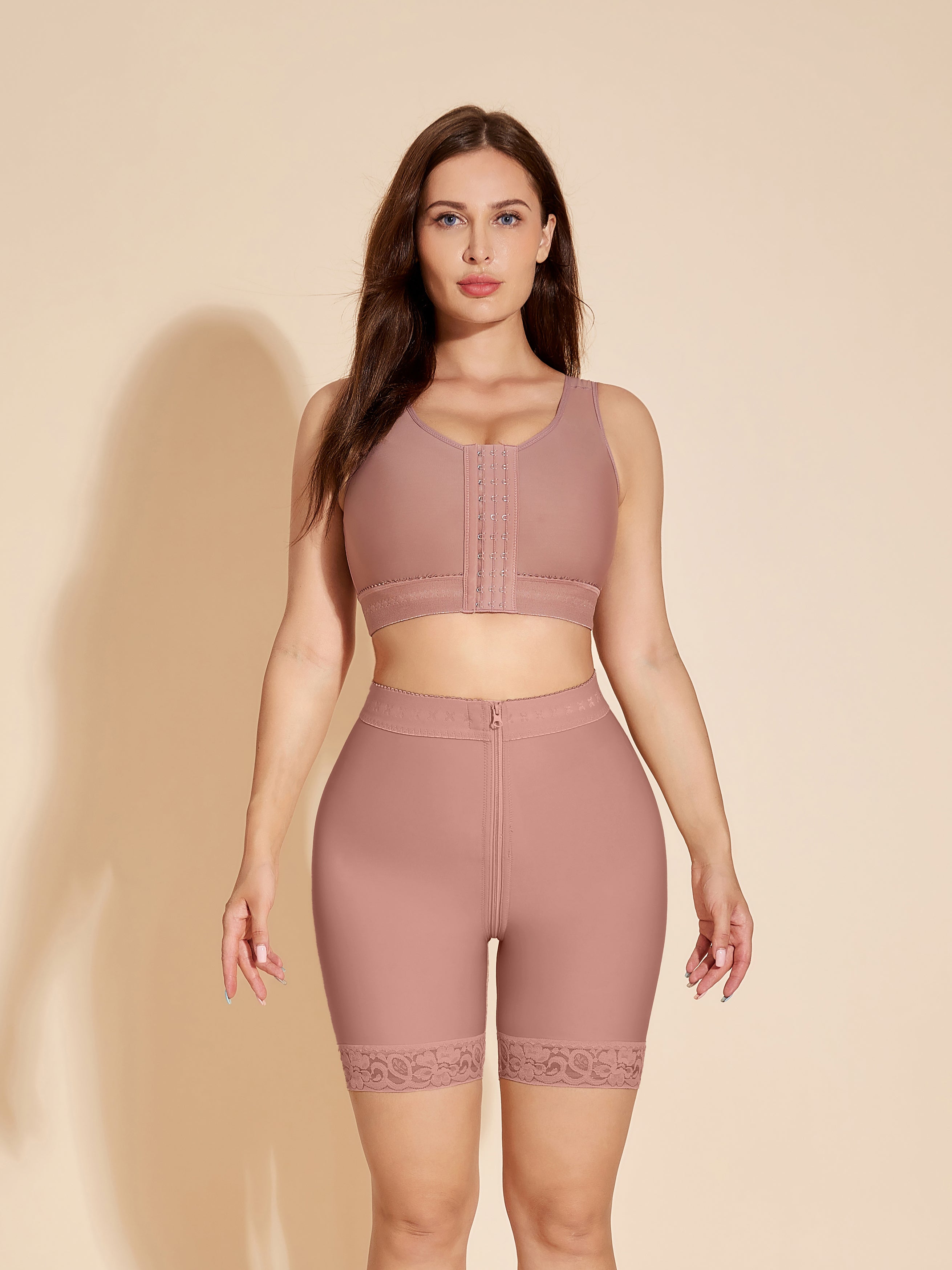 High Waisted Butt Lifter Tummy Tuck Shapewear Shorts Fajas Colombianas with Zipper - Rosy Brown