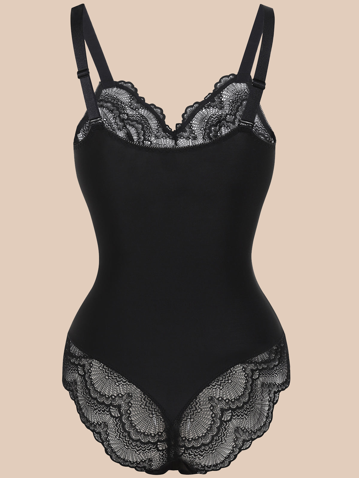 Lace Shapewear V-neck Bodysuit Tummy Control Backless Body Shaper - Black