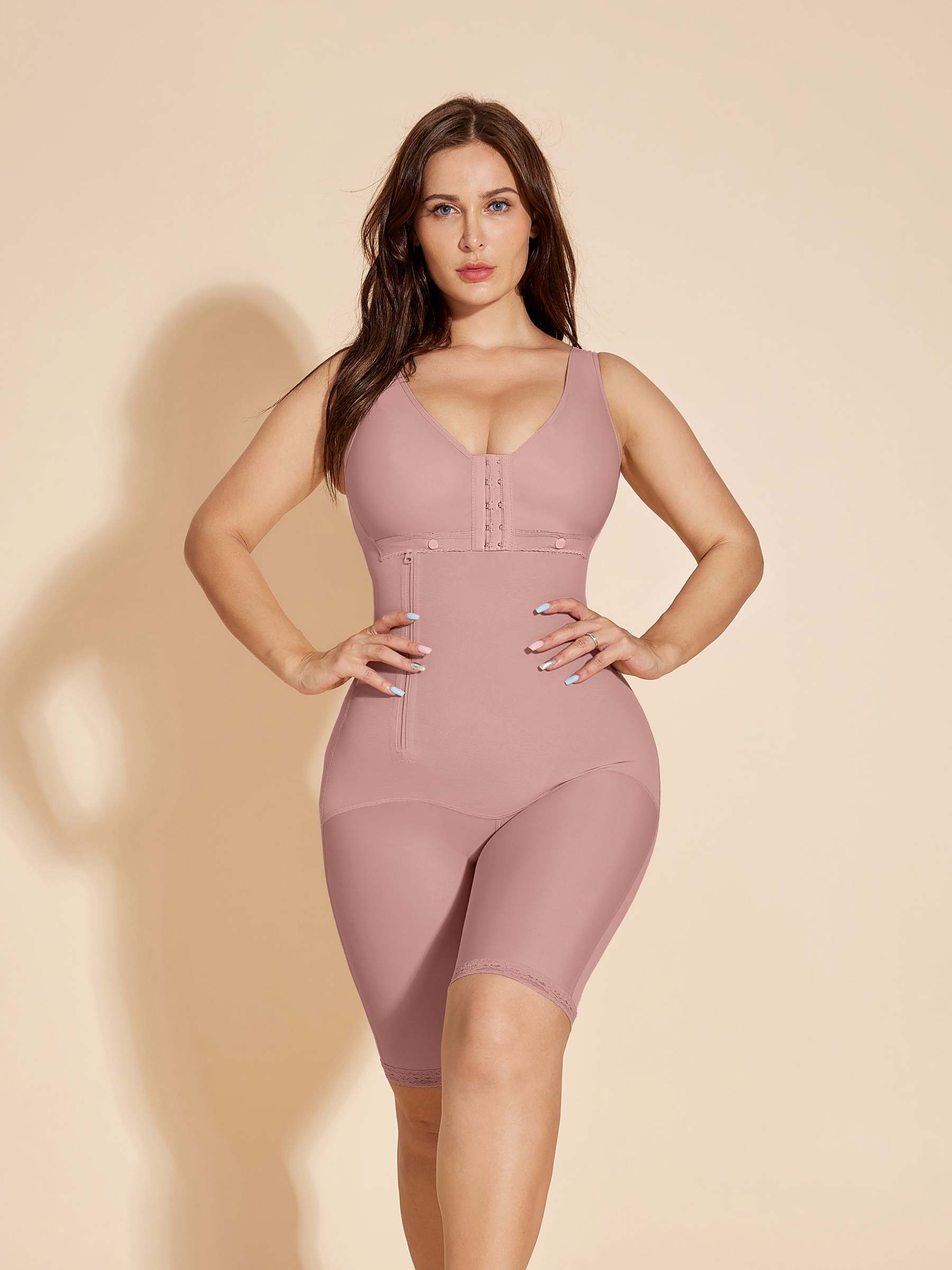 Hook-Eye Tummy Control Shapewear Post-operative Shaping with Side Zipper - Rosy Brown-ChicCurve