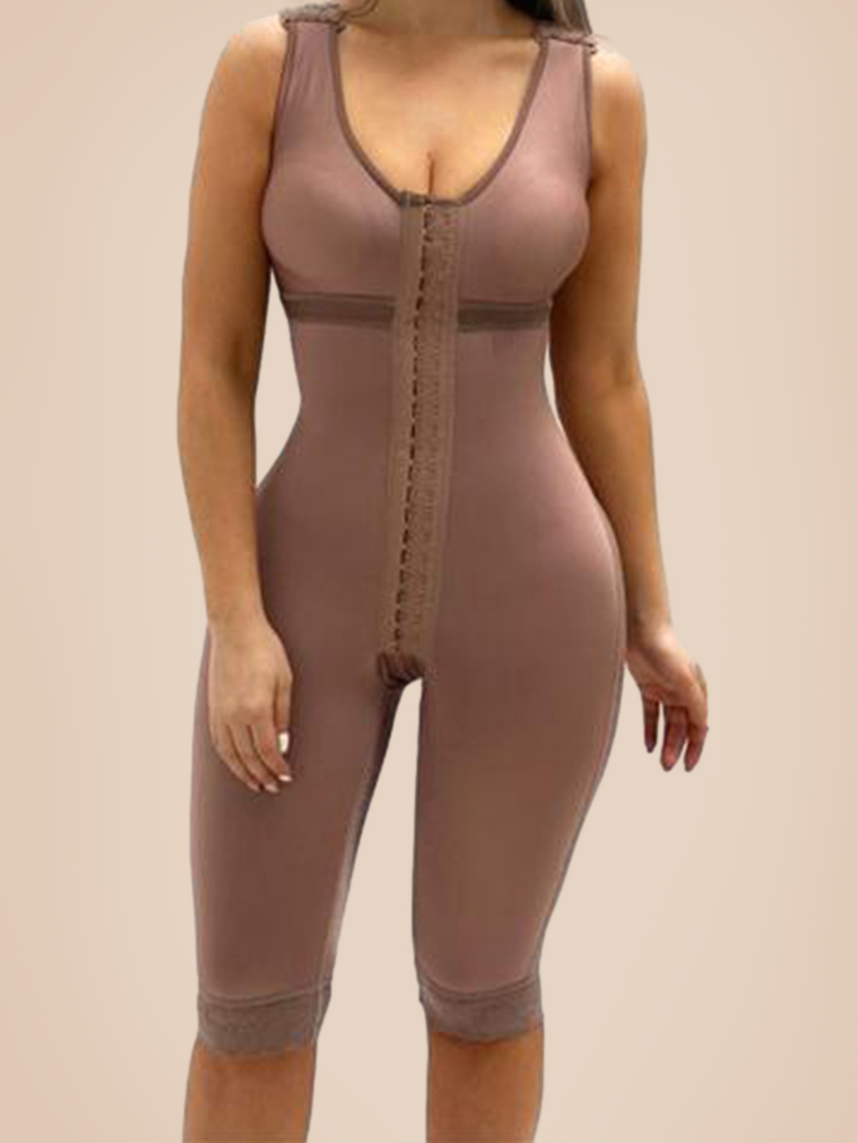 V Neck Sleeveless Knee Length Shapewear With Bra And Wide Shoulder Straps Butt-Lifting Bodysuit For Women