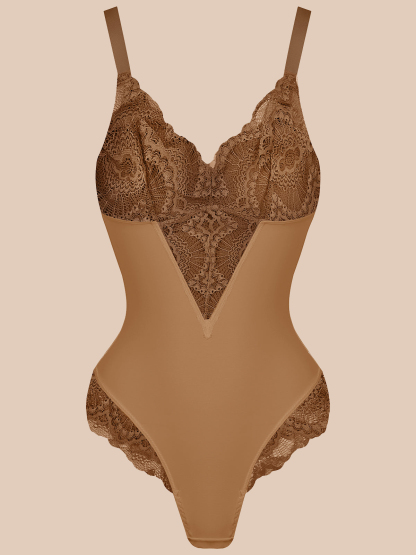 Lace Shapewear V-neck Bodysuit Tummy Control Backless Body Shaper - Black