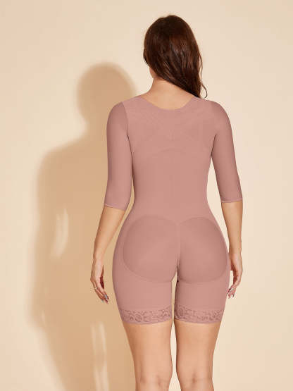 Long Sleeve Women Slimming Body Shaper Tummy Control Shapewear - RosyBrown