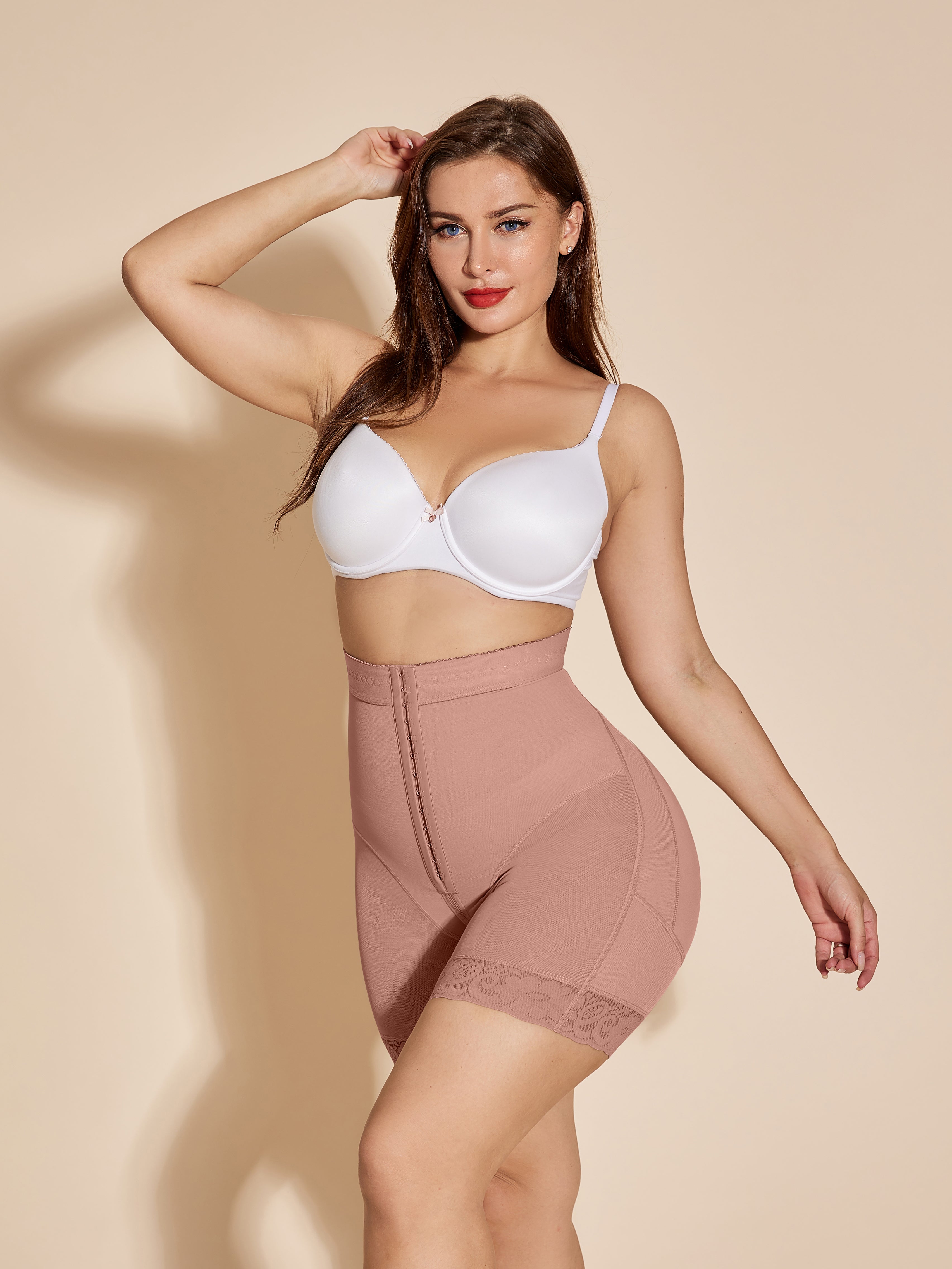 High Waist Women Booty Lifter Bodysuit Thigh Control Shorts - RosyBrown