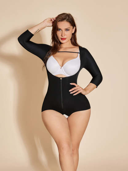 Fajas Colombianas Open Bust Shapewear Tummy Control Waist Trainer Butt Lifter Long Sleeves - Black
