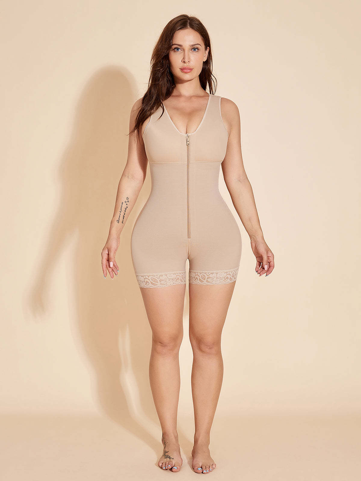 Zipper Closed Women Shapewear Full Body Control Butt Lifting - Tan