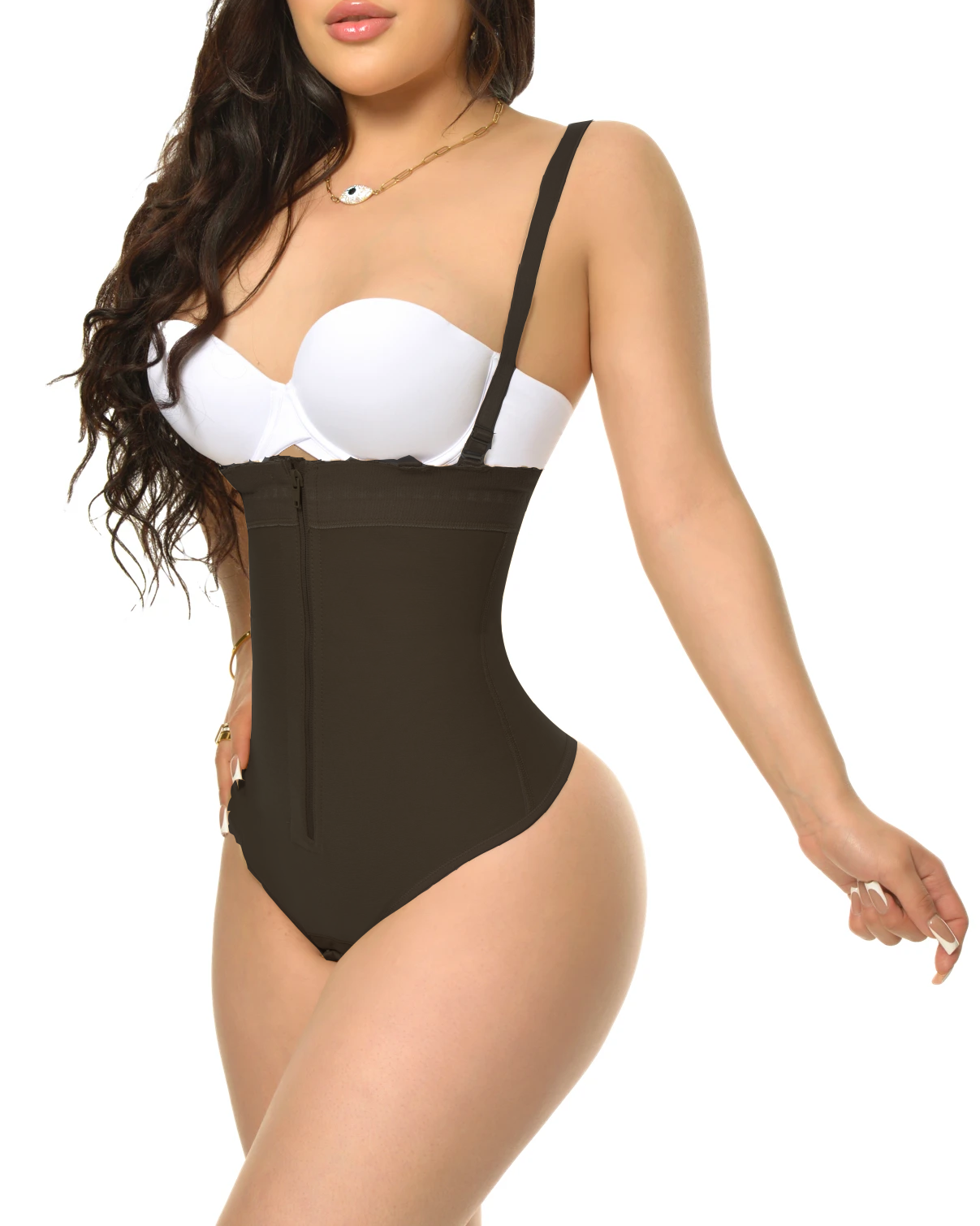 Thin Straps Open Bust Tummy Control Zipper Shapewear Bodysuit Ref2105-ChicCurve