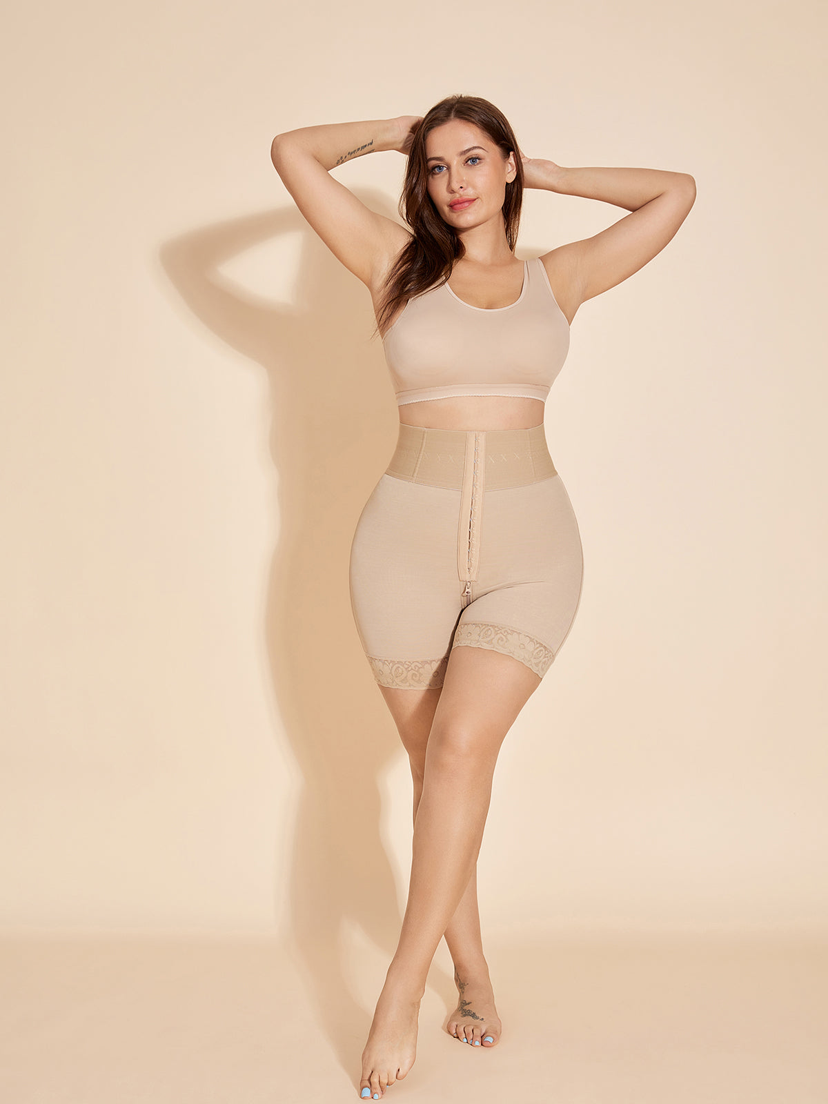 Butt Lifter High Waisted Shapewear Shorts Tummy Control with Hook-Eye - Tan