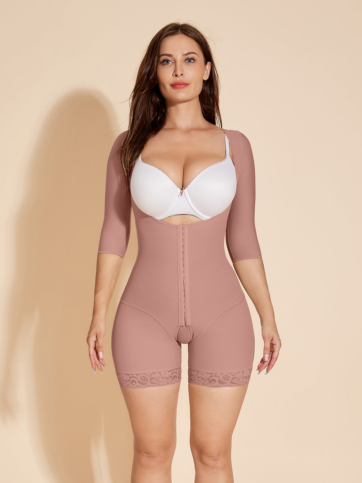 Long Sleeve Women Slimming Body Shaper Tummy Control Shapewear - RosyBrown