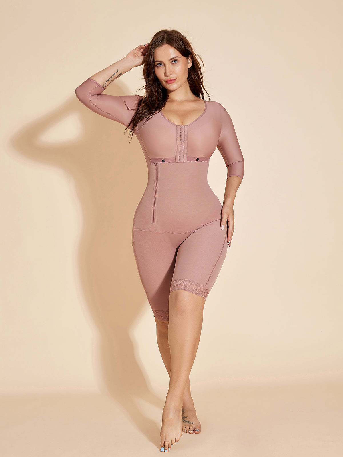 Fajas Colombianas Long Sleeves Shapewear Postpartum Repair with Bra - Rosy Brown