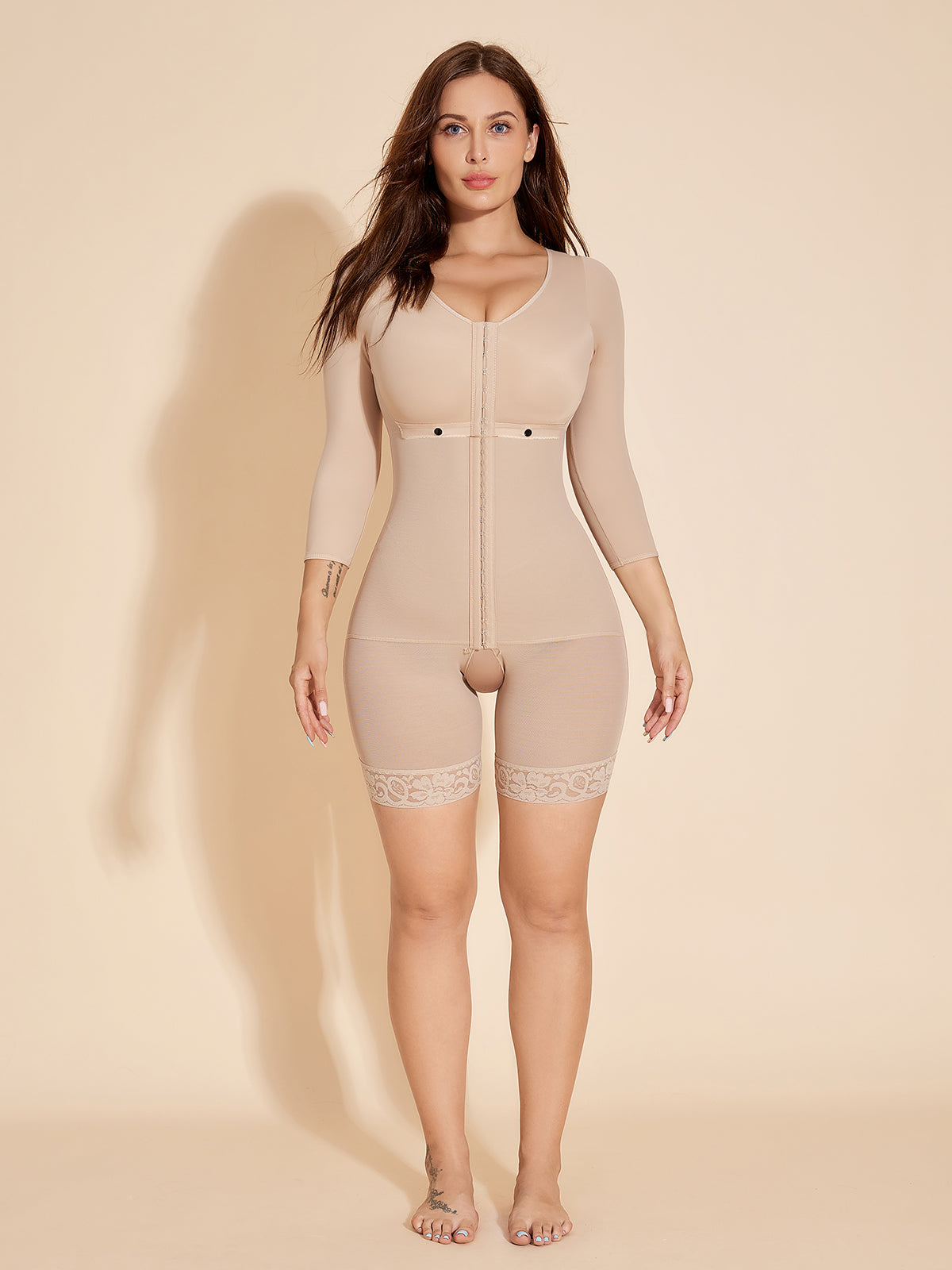 Long Sleeve Full Covered Women Shapewear Breastfeeding Bodysuit - Tan