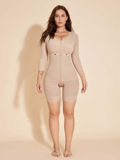 Long Sleeve Full Covered Women Shapewear Breastfeeding Bodysuit - Tan