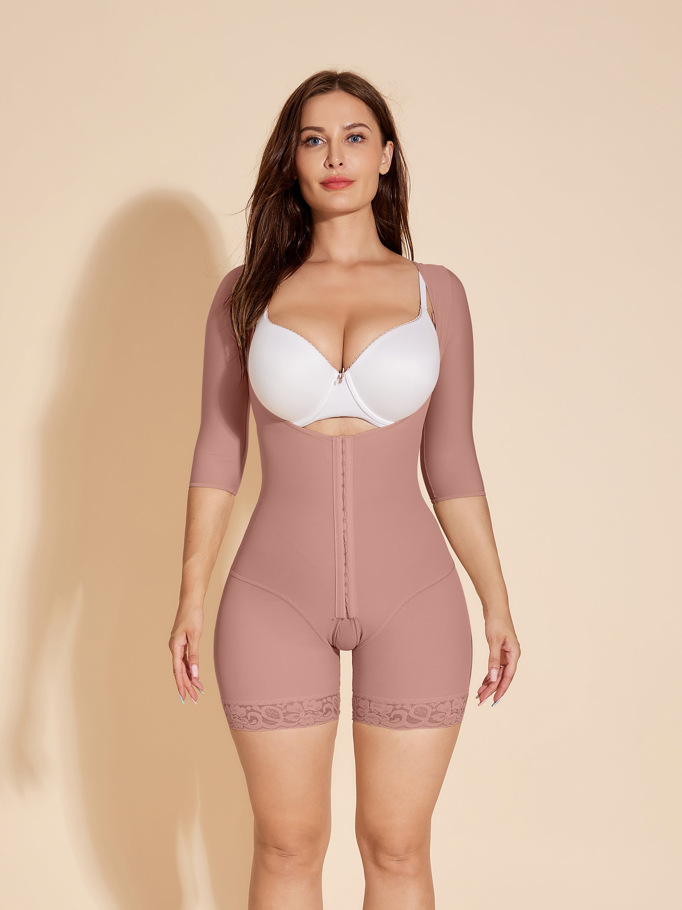 Long Sleeve Women Slimming Body Shaper Tummy Control Shapewear - RosyBrown
