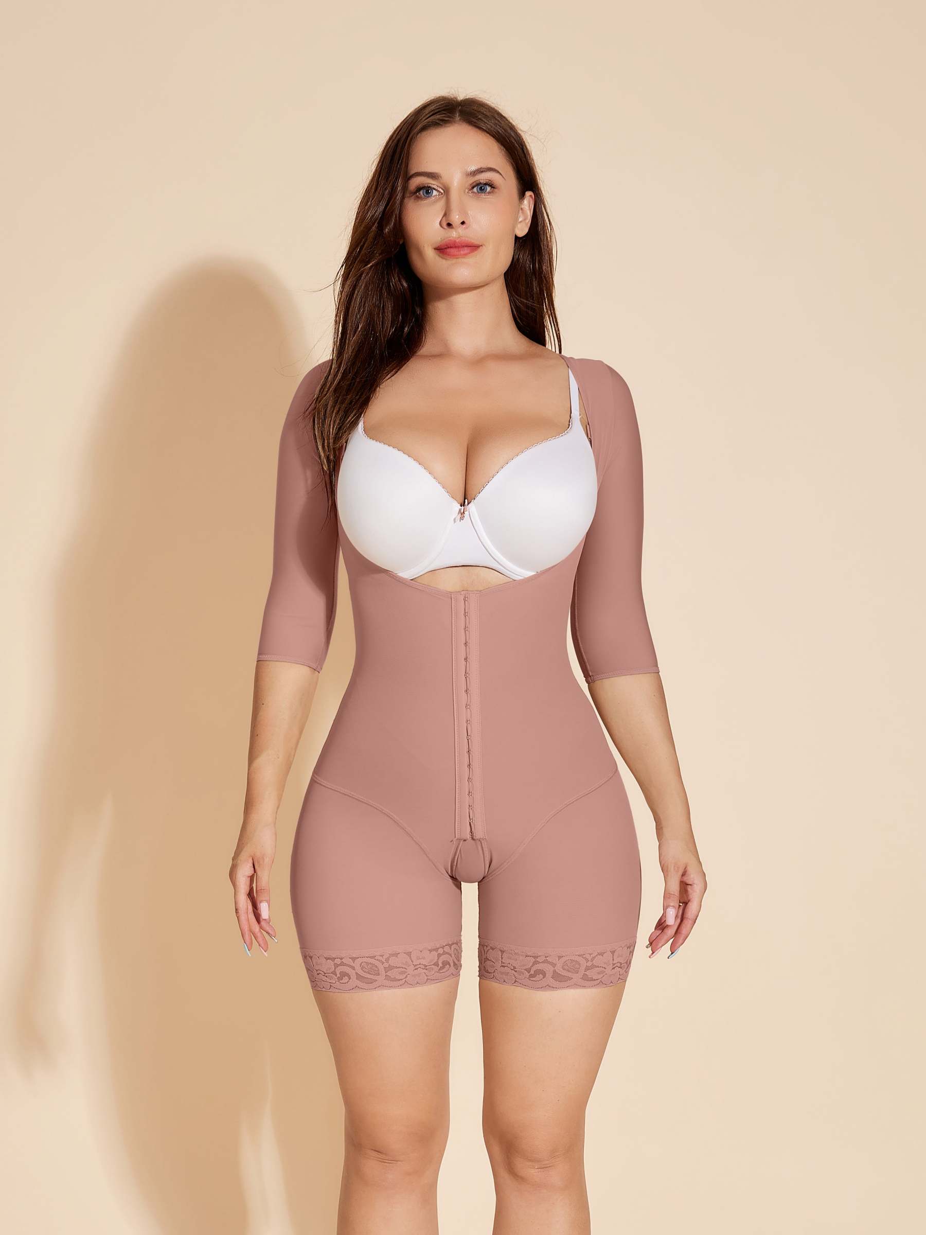 Long Sleeve Women Slimming Body Shaper Tummy Control Shapewear - RosyBrown