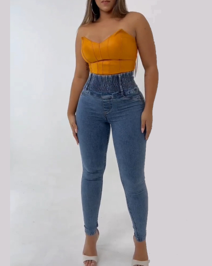 Curved Color Block Wide Waist Stretch Jeans