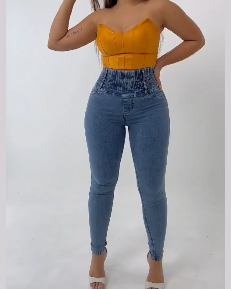 Curved Color Block Wide Waist Stretch Jeans
