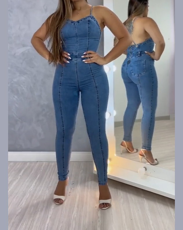 Denim Bombshell Jumpsuit-Blue-ChicCurve