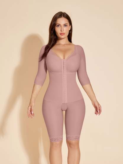 Long Sleeve Shapewear Women Full Coverage Body Shaper- RosyBrown