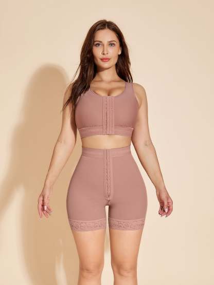 High Waisted Tummy Control Booty Lift Shaper Shorts Hook Eye Closure - Rosy Brown