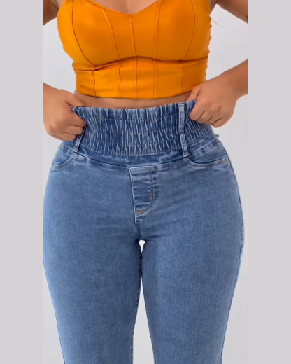 Curved Color Block Wide Waist Stretch Jeans