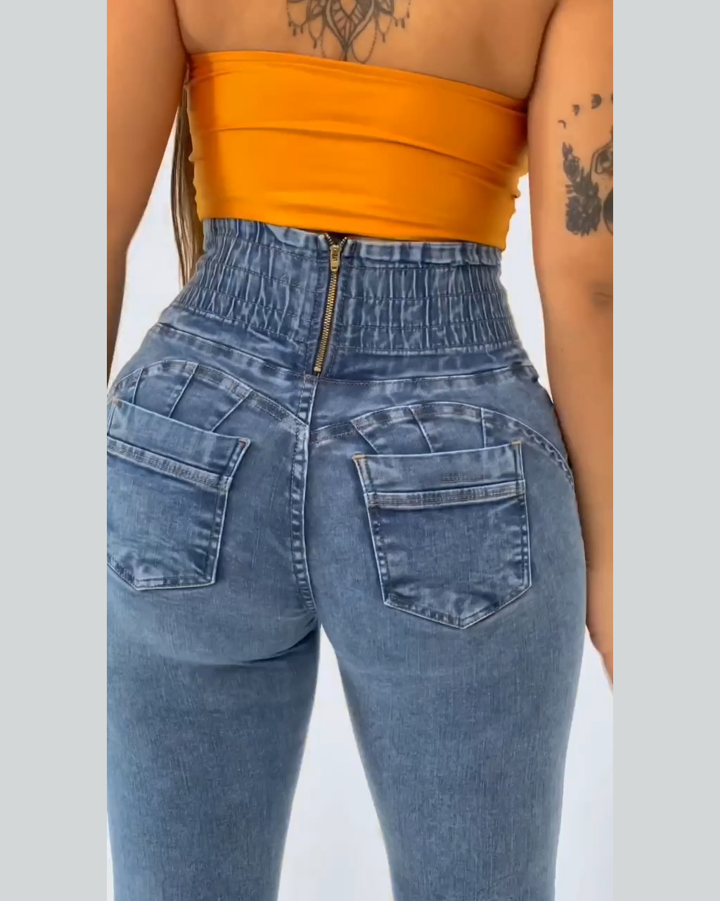 Curved Color Block Wide Waist Stretch Jeans