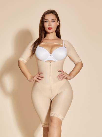 Long Sleeve Shapewear Open Bust Tummy Control Bodysuit - Tan