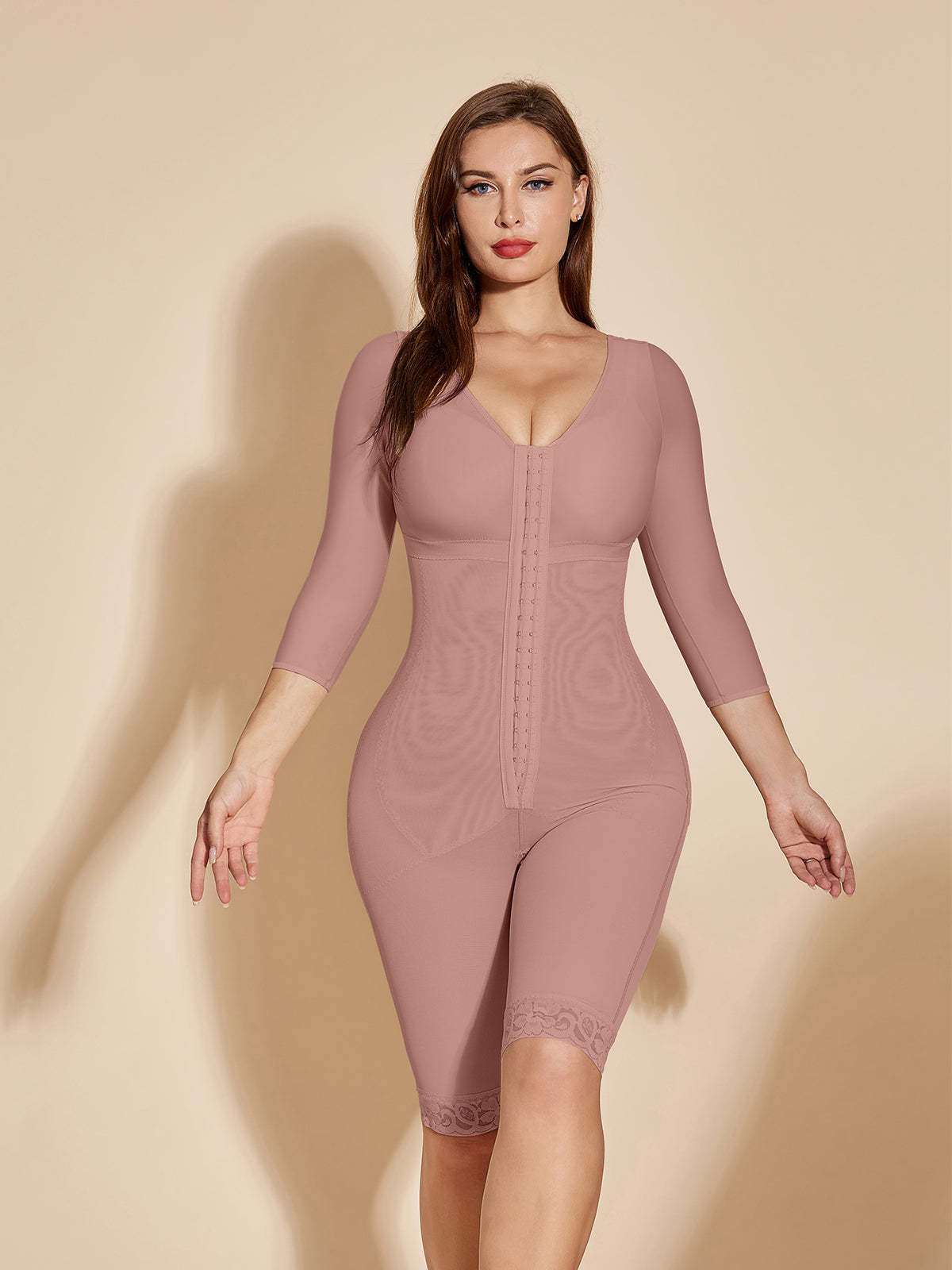 Fajas Colombianas Full Body Shaper Tummy Control Stage 2 Faja Shapewear for Women Long Sleeves - RosyBrown