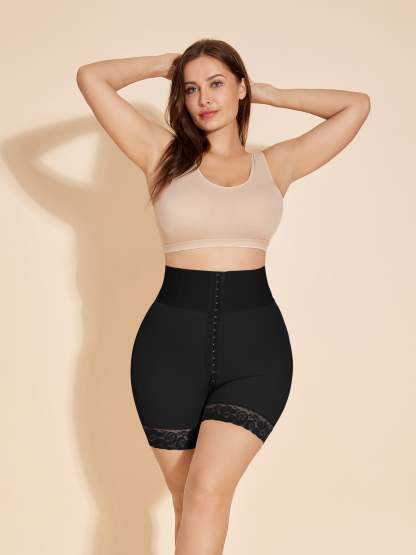 Butt Lifter High Waisted Shapewear Shorts Tummy Control with Hook-Eye - Black