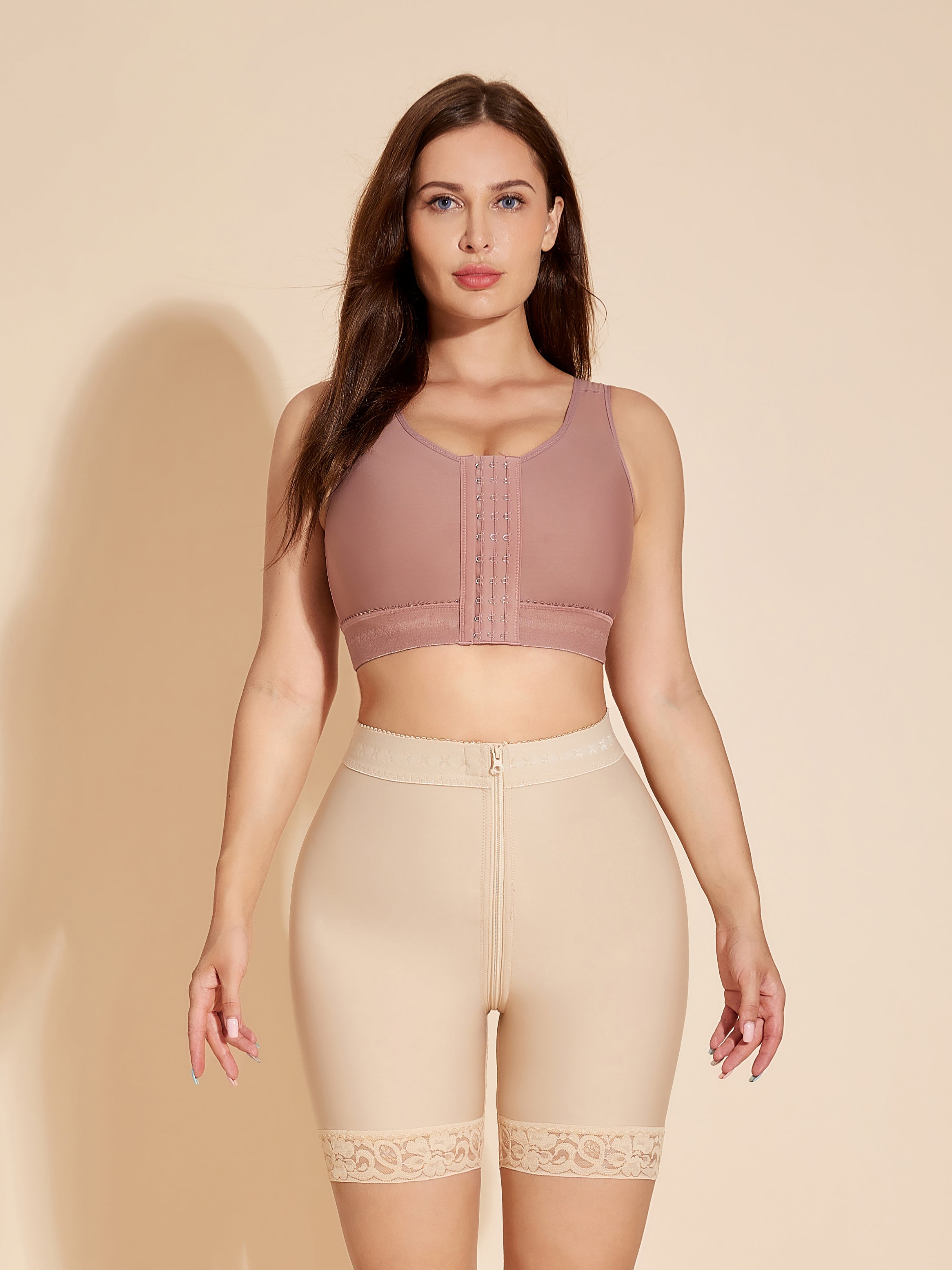 High Waisted Butt Lifter Tummy Tuck Shapewear Shorts Fajas Colombianas with Zipper - Tan