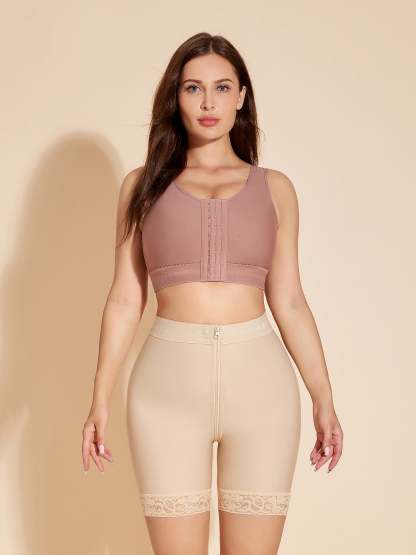 High Waisted Butt Lifter Tummy Tuck Shapewear Shorts Fajas Colombianas with Zipper - Tan