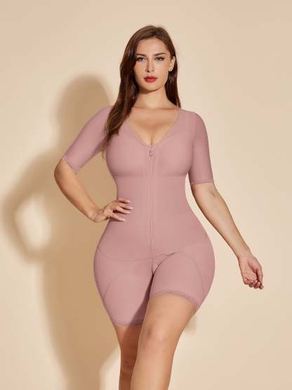 Full Body Shapewear Postpartum Fajas Colombianas with Zipper - RosyBrown