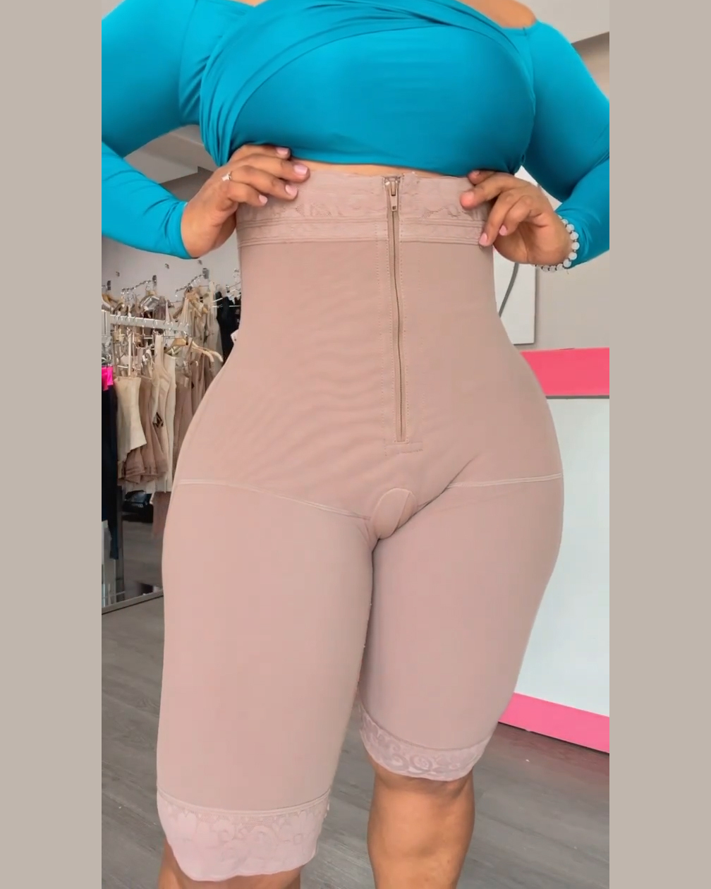 Lace High Compression Tummy Control Shorts with Zipper Front