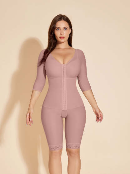 Long Sleeve Shapewear Women Full Coverage Body Shaper- RosyBrown