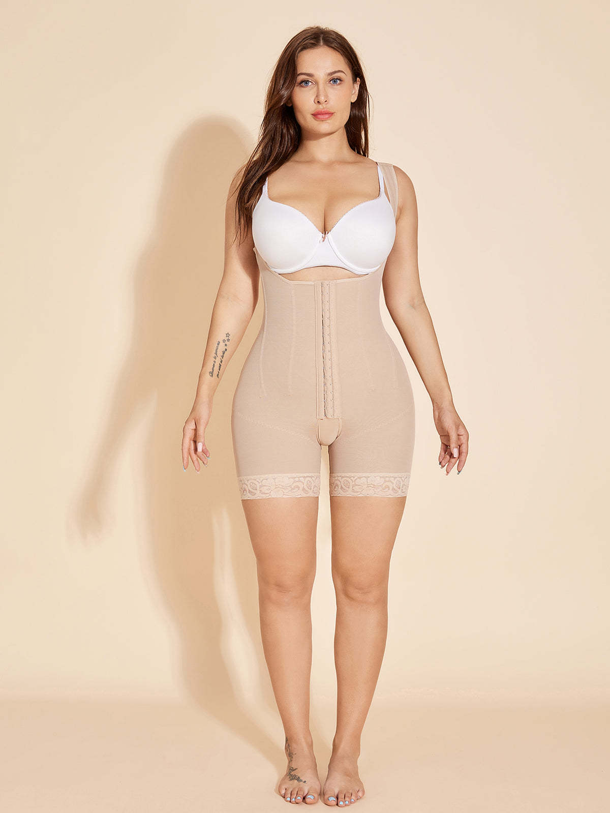 Open Bust Compression Shapewear Slimming Tummy Tuck Faja with Zipper - Tan