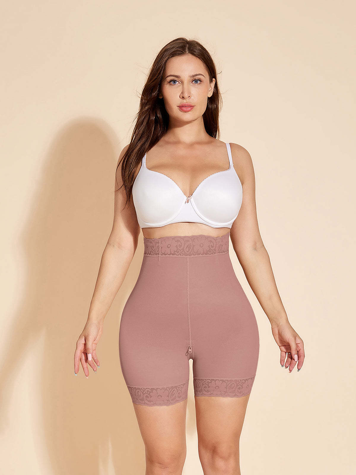 ChicCurve Crotch with zipper High Waist Shapewear Shorts - Rosy Brown
