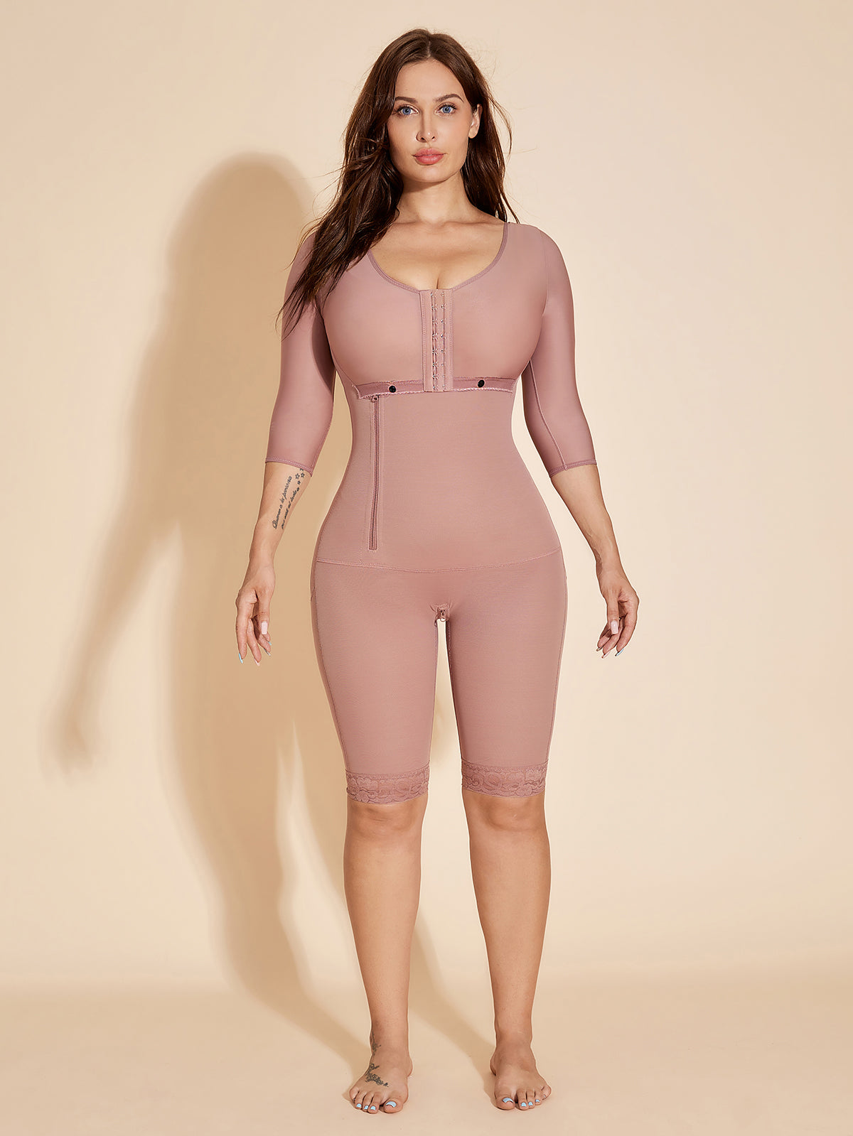 Fajas Colombianas Long Sleeves Shapewear Postpartum Repair with Bra - Rosy Brown