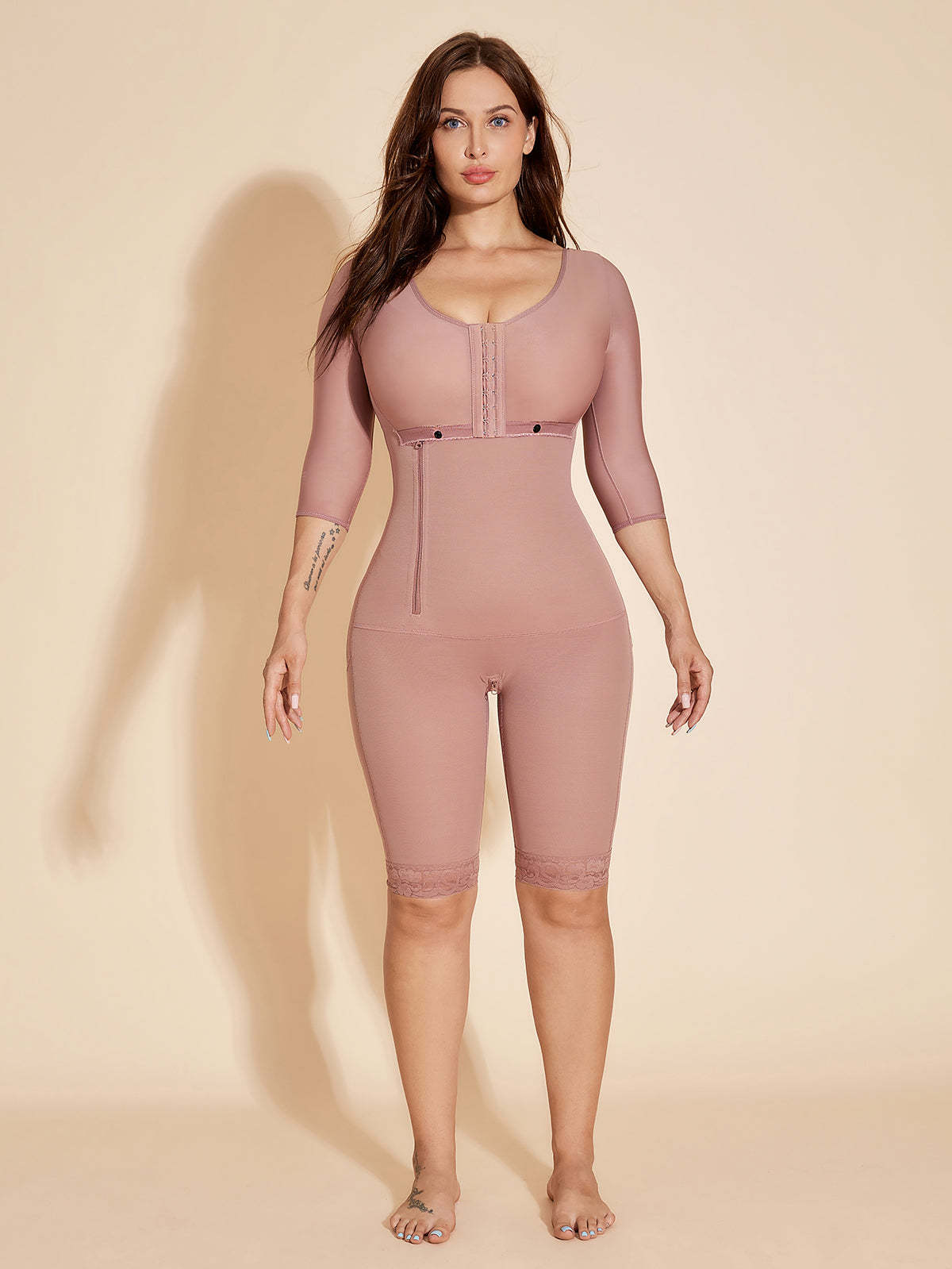 Fajas Colombianas Long Sleeves Shapewear Postpartum Repair with Bra - Rosy Brown