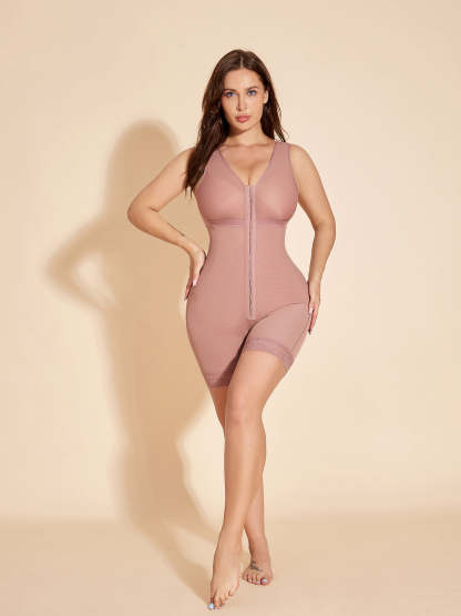 Chest Packed Shapewear High Compression Tummy Control Stage 2 Faja Colombianas Waist Trainer Bodysuit - Rosy Brown