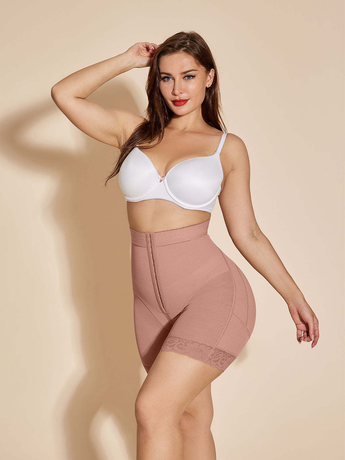 High Waist Women Booty Lifter Bodysuit Thigh Control Shorts - RosyBrown
