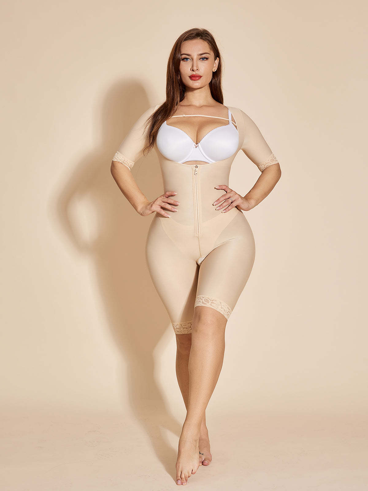 Long Sleeve Shapewear Open Bust Tummy Control Bodysuit - Tan